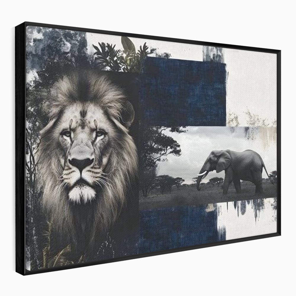 Tablou canvas cu tablou canvas cu leu si elefant, in rama de aluminiu negru